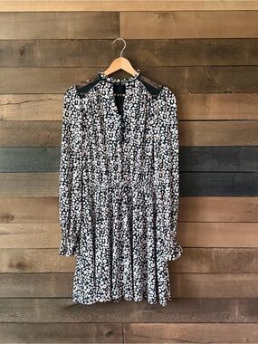 Express Floral Lace Yoke Long Sleeve Mini Dress Black Pink Size XS